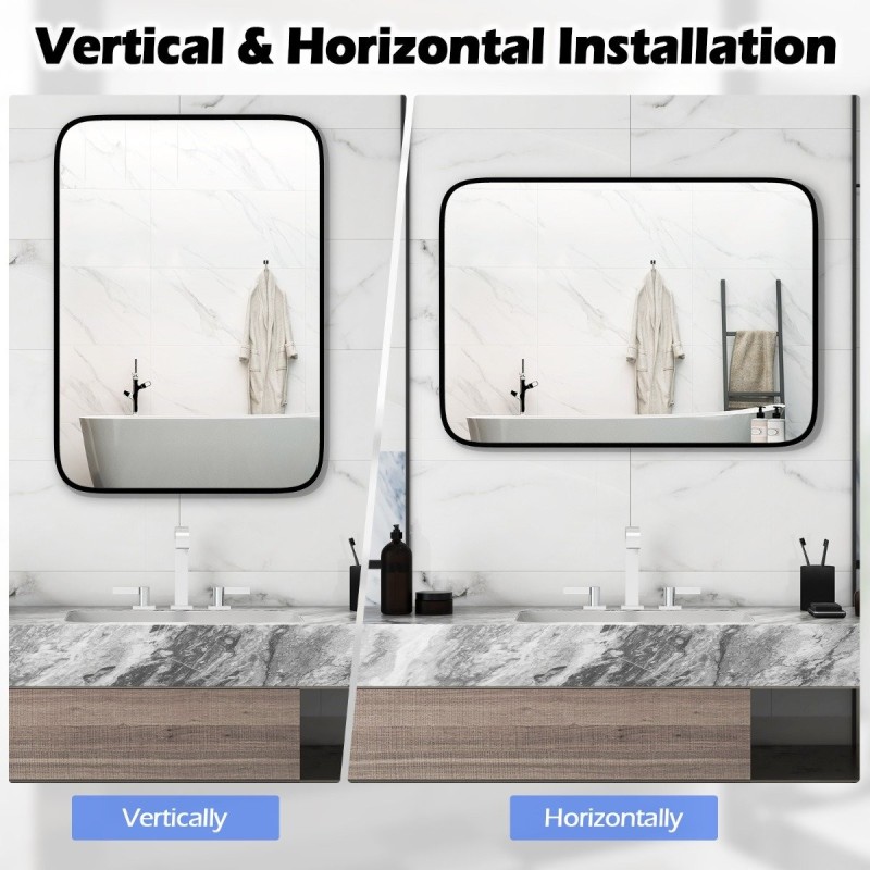 Musta suorakulmainen kylpyhuonepeili särkymättömällä kalvolla