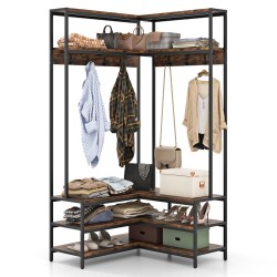 L-muotoinen vaatekulma hyllyillä ja koukuilla, rustiikkinen ruskea