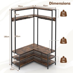 L-muotoinen vaatekulma hyllyillä ja koukuilla, rustiikkinen ruskea
