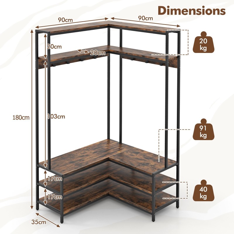 L-muotoinen vaatekulma hyllyillä ja koukuilla, rustiikkinen ruskea