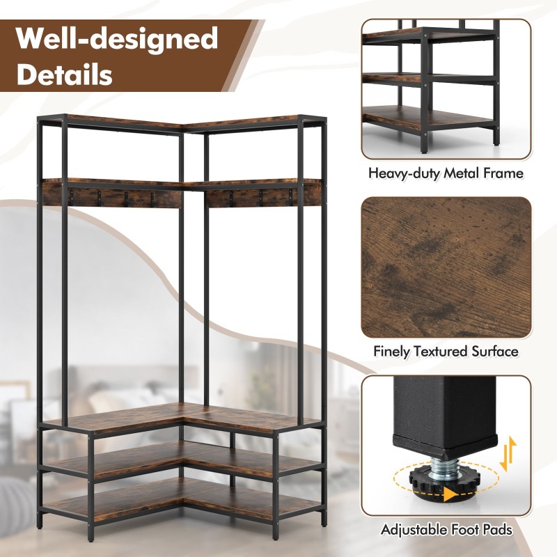 L-muotoinen vaatekulma hyllyillä ja koukuilla, rustiikkinen ruskea