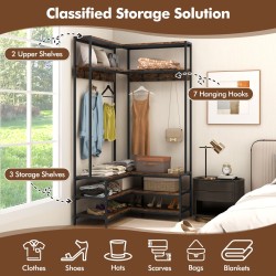 L-muotoinen vaatekulma hyllyillä ja koukuilla, rustiikkinen ruskea