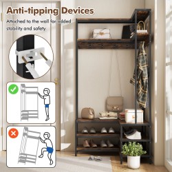 L-muotoinen vaatekulma hyllyillä ja koukuilla, rustiikkinen ruskea