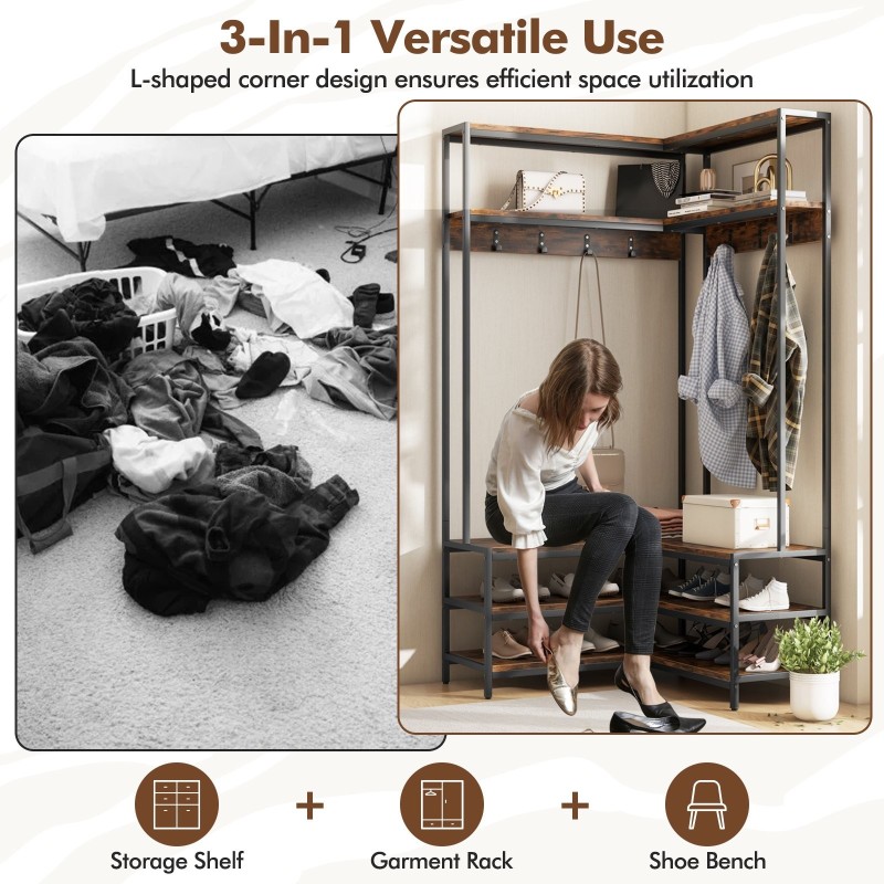 L-muotoinen vaatekulma hyllyillä ja koukuilla, rustiikkinen ruskea