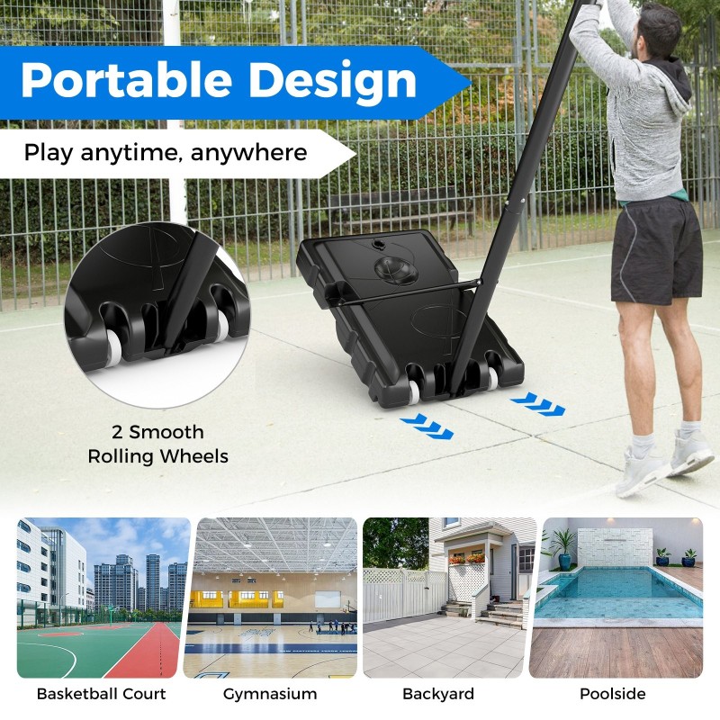 Säädettävä koripallokori iskunkestävällä taustalevyllä ja painolaukulla