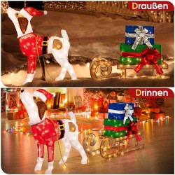 Joulukoira ja reki LED-valoilla, säänkestävä koriste