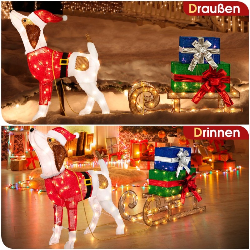 Joulukoira ja reki LED-valoilla, säänkestävä koriste