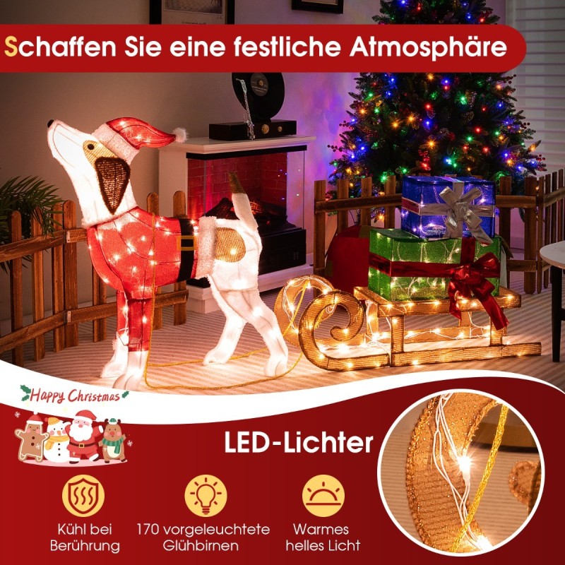 Joulukoira ja reki LED-valoilla, säänkestävä koriste