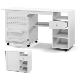 Taitettava valkoinen ompelupöytä säilytyshyllyillä ja tarjottimilla