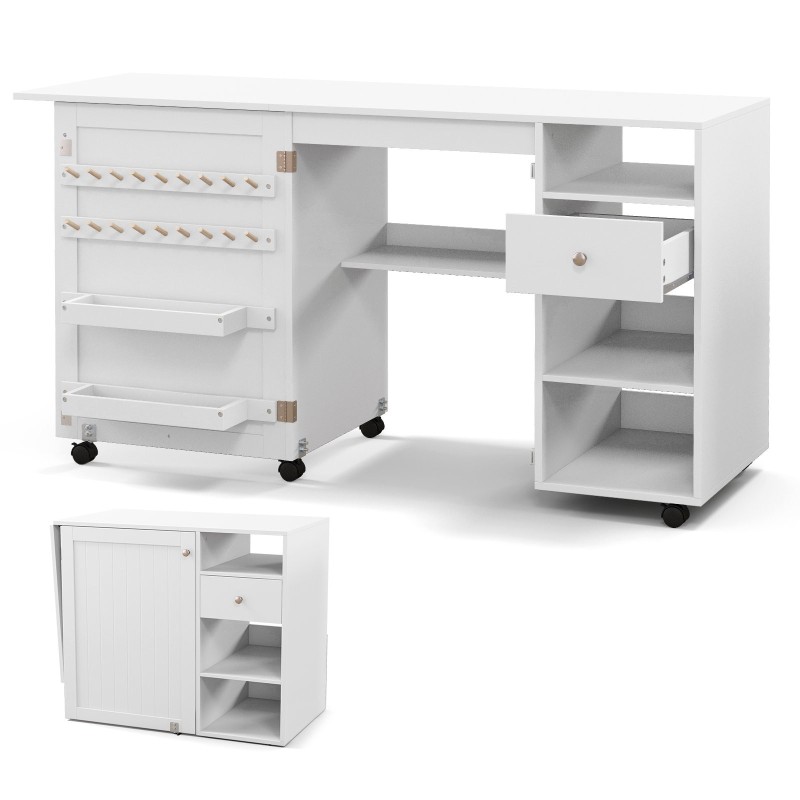 Taitettava valkoinen ompelupöytä säilytyshyllyillä ja tarjottimilla