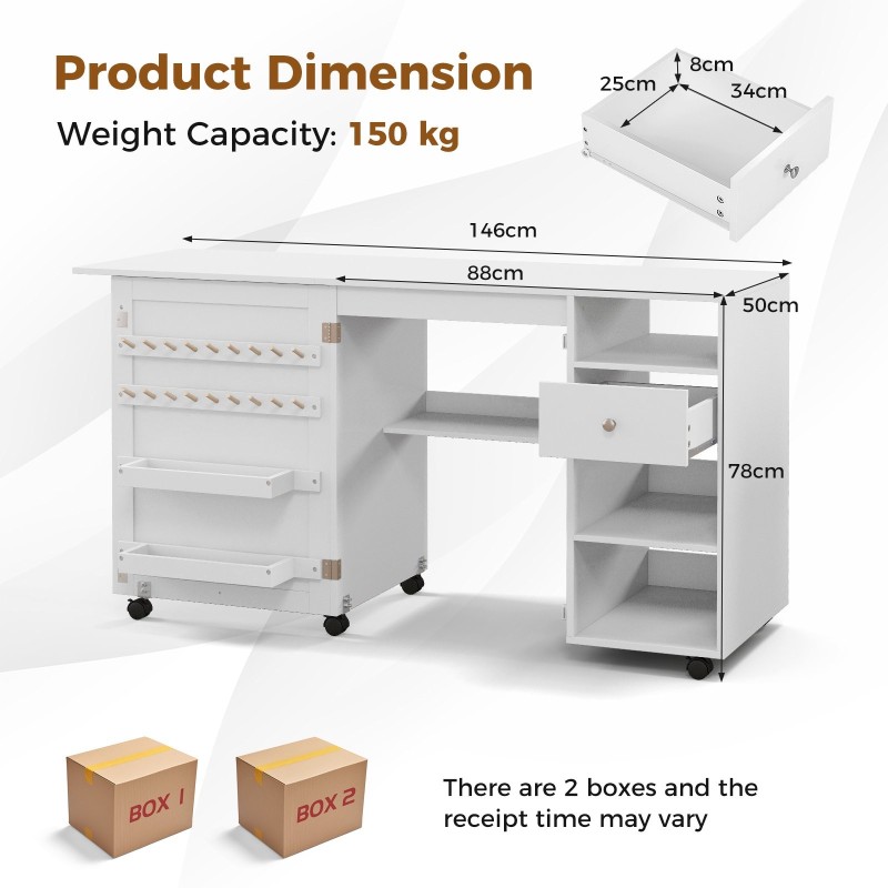 Taitettava valkoinen ompelupöytä säilytyshyllyillä ja tarjottimilla