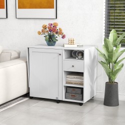 Taitettava valkoinen ompelupöytä säilytyshyllyillä ja tarjottimilla