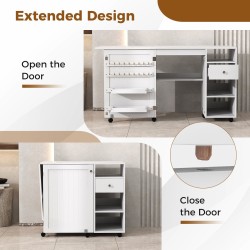 Taitettava valkoinen ompelupöytä säilytyshyllyillä ja tarjottimilla