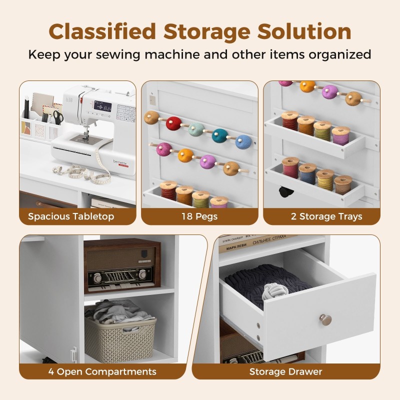 Taitettava valkoinen ompelupöytä säilytyshyllyillä ja tarjottimilla