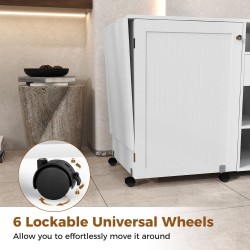 Taitettava valkoinen ompelupöytä säilytyshyllyillä ja tarjottimilla