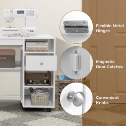 Taitettava valkoinen ompelupöytä säilytyshyllyillä ja tarjottimilla