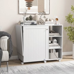 Taitettava ompelupöytä säilytyshyllyillä ja lukittavilla pyörillä