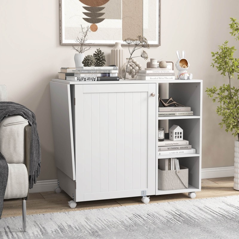 Taitettava ompelupöytä säilytyshyllyillä ja lukittavilla pyörillä