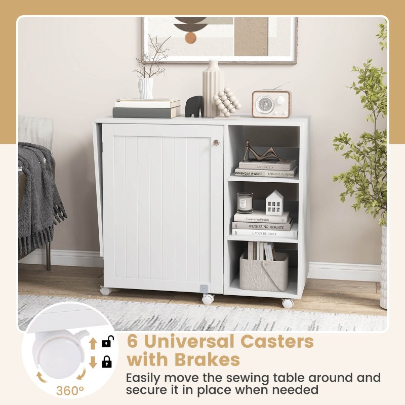 Taitettava ompelupöytä säilytyshyllyillä ja lukittavilla pyörillä