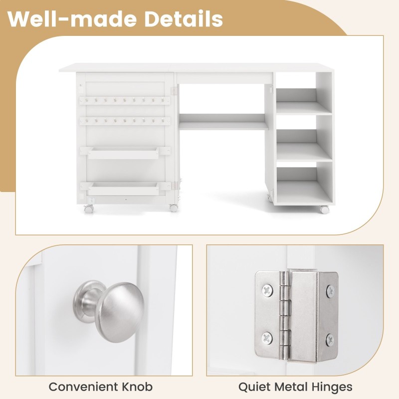 Taitettava ompelupöytä säilytyshyllyillä ja lukittavilla pyörillä