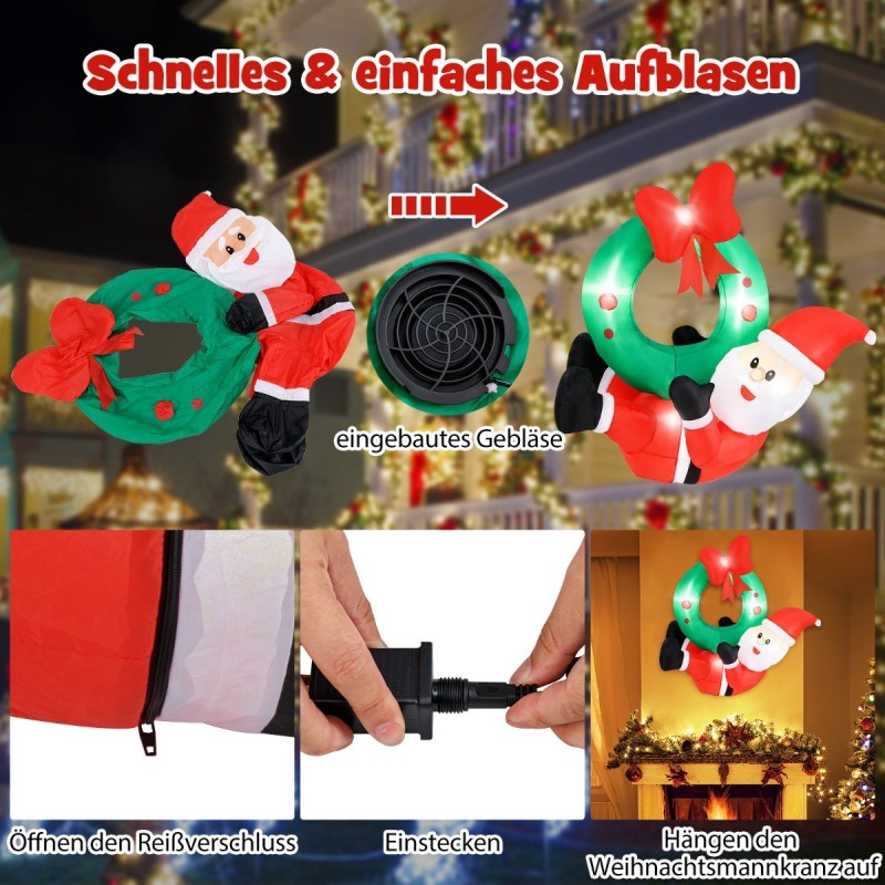Puhallettava joulukoriste LED-valoilla, joulupukki ja kranssi