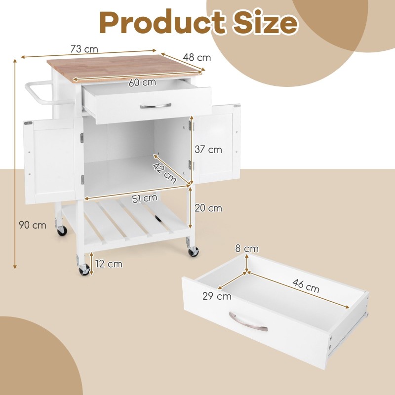 Valkoinen rullattava keittiösaareke laatikolla ja kaapilla