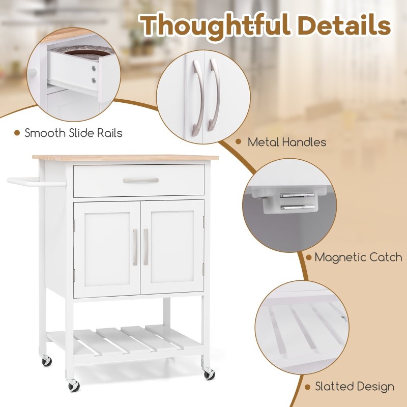 Valkoinen rullattava keittiösaareke laatikolla ja kaapilla