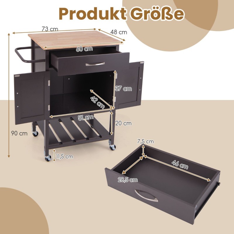 Keittiövaunu pyörillä ja laatikolla, ruskea