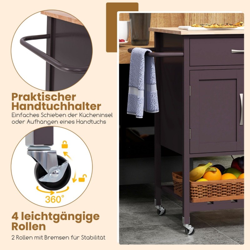 Keittiövaunu pyörillä ja laatikolla, ruskea
