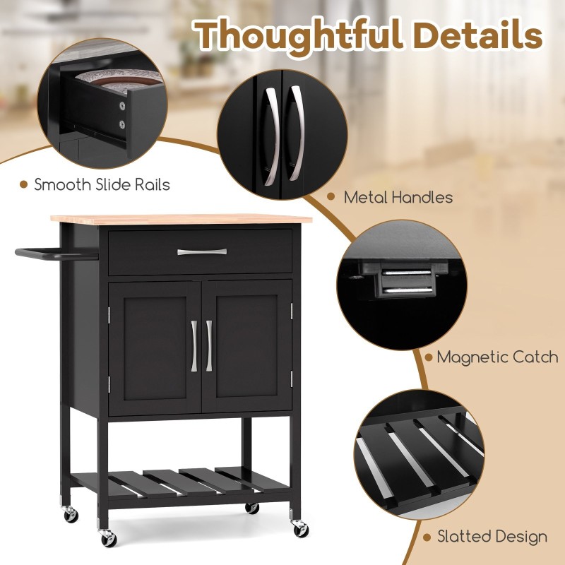 Rullattava keittiösaareke musta säilytyskaapilla ja laatikolla