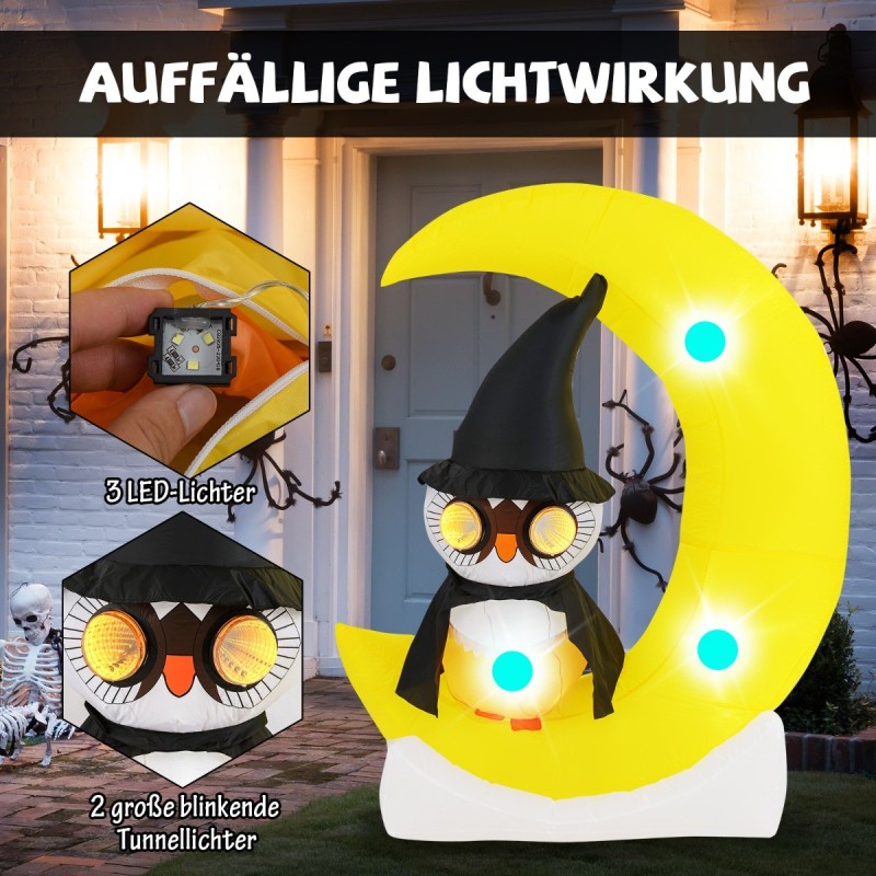 Puhallettava halloween-koriste: noitapöllö kuunsirpillä, LED-valot