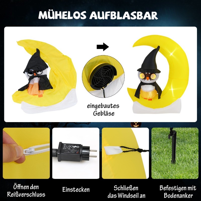 Puhallettava halloween-koriste: noitapöllö kuunsirpillä, LED-valot