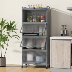 Viisitasoinen harmaa keittiöhylly pyörillä ja kääntöovilla Viisitasoinen harmaa keittiöhylly pyörillä ja kääntöovilla
