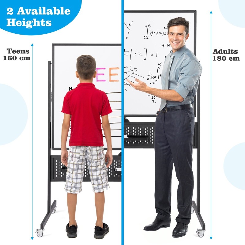 Kaksipuolinen magneettinen valkotaulu pyörillä ja tarvikkeilla