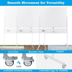 Kaksipuolinen magneettinen valkotaulu pyörillä ja reikälevyllä