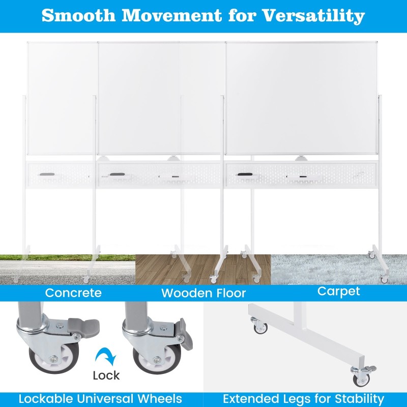 Kaksipuolinen magneettinen valkotaulu pyörillä ja reikälevyllä