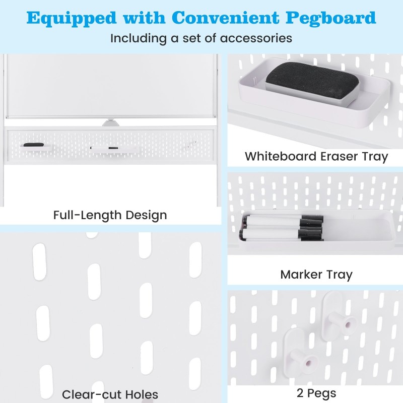 Kaksipuolinen magneettinen valkotaulu pyörillä ja reikälevyllä