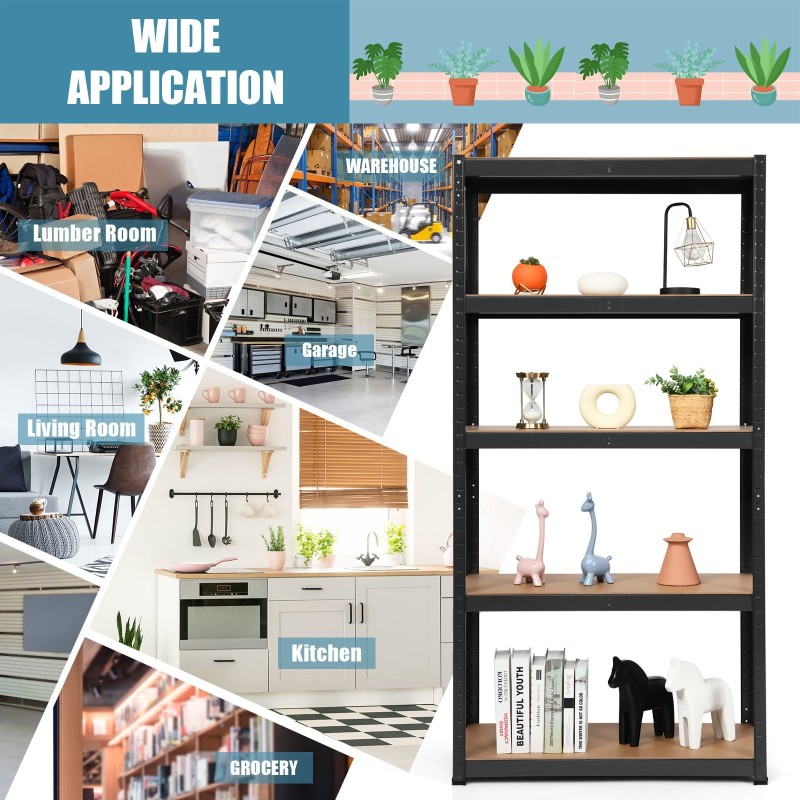 Viiden tason musta säädettävä säilytyshylly ilman pultteja