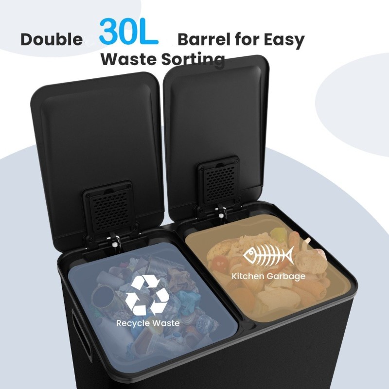 Kaksiosainen musta jäteastia keittiöön, 60L, hiljainen kansi