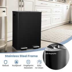 Kaksiosainen musta jäteastia keittiöön, 60L, hiljainen kansi