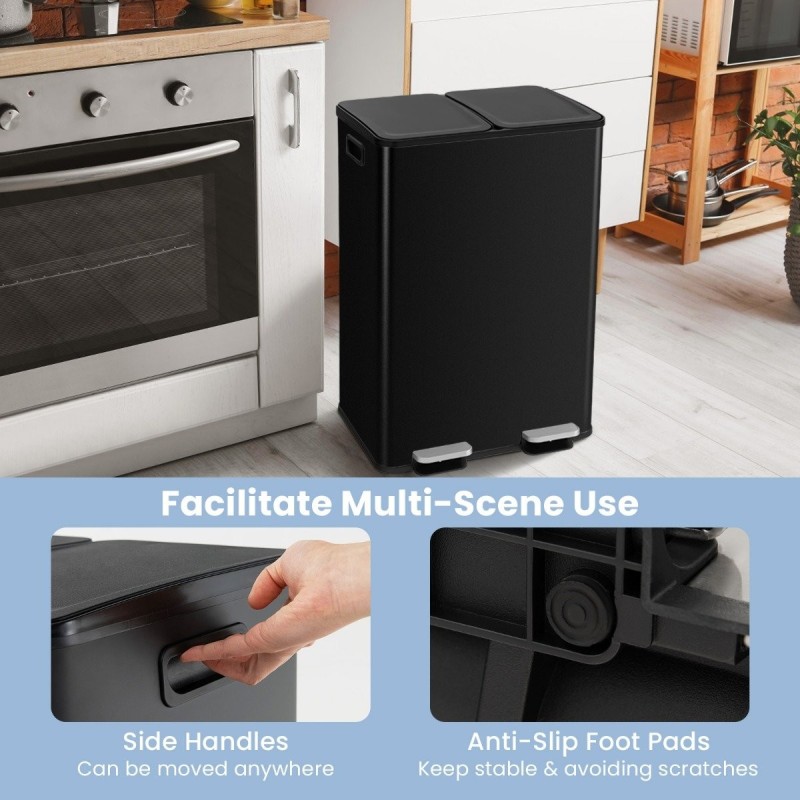Kaksiosainen musta jäteastia keittiöön, 60L, hiljainen kansi