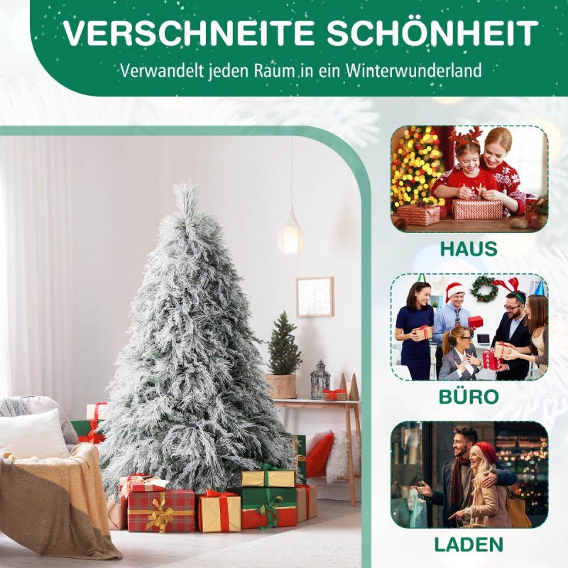 Keinotekoinen joulukuusi lumella ja lämpimillä LED-valoilla