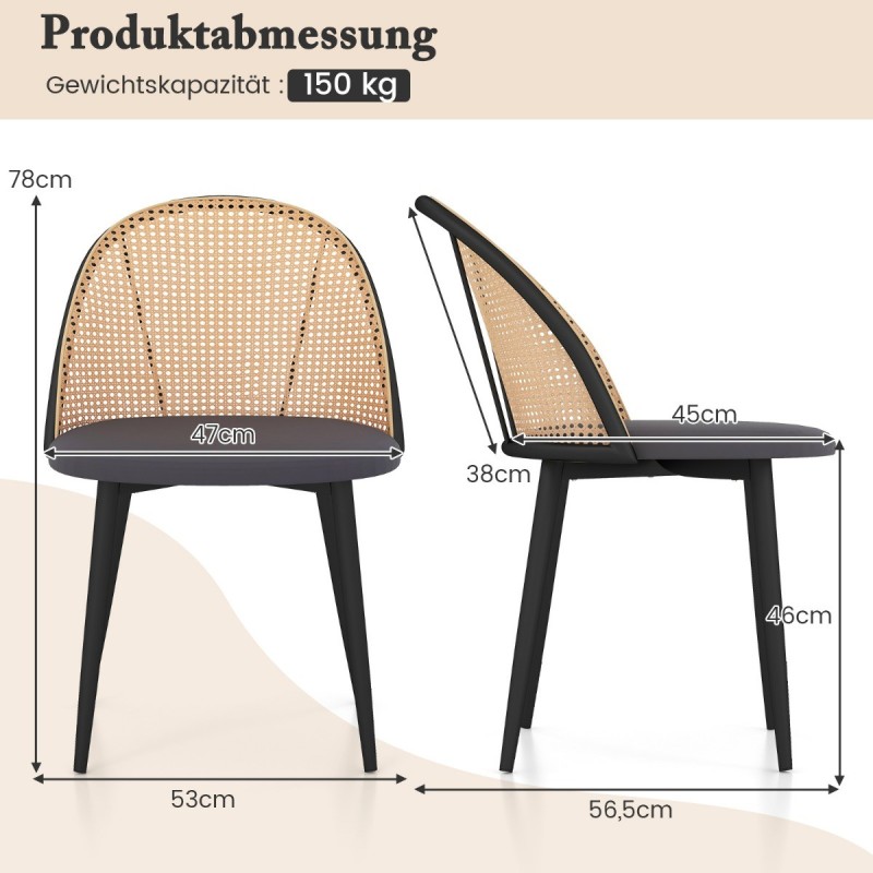 Kaksi harmaata rottinkiselkäistä ruokatuolia ilman käsinojia