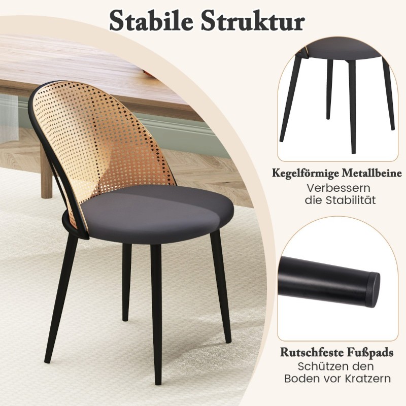 Kaksi harmaata rottinkiselkäistä ruokatuolia ilman käsinojia