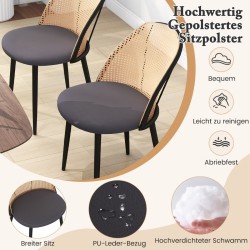 Kaksi harmaata rottinkiselkäistä ruokatuolia ilman käsinojia