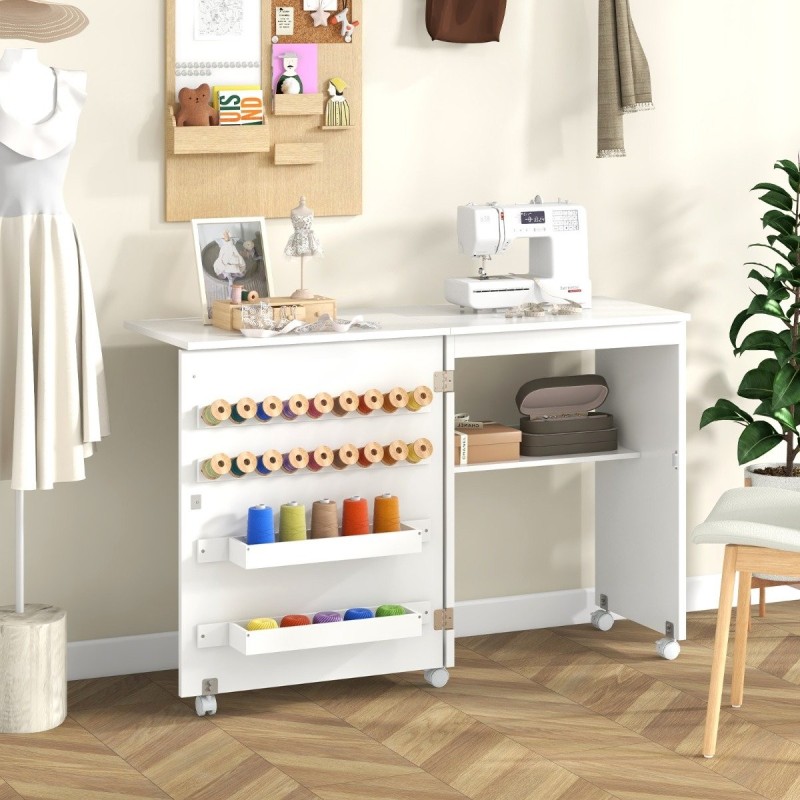 Taittuva ompelupöytä säilytyshyllyllä ja 5 lukittavalla pyörällä