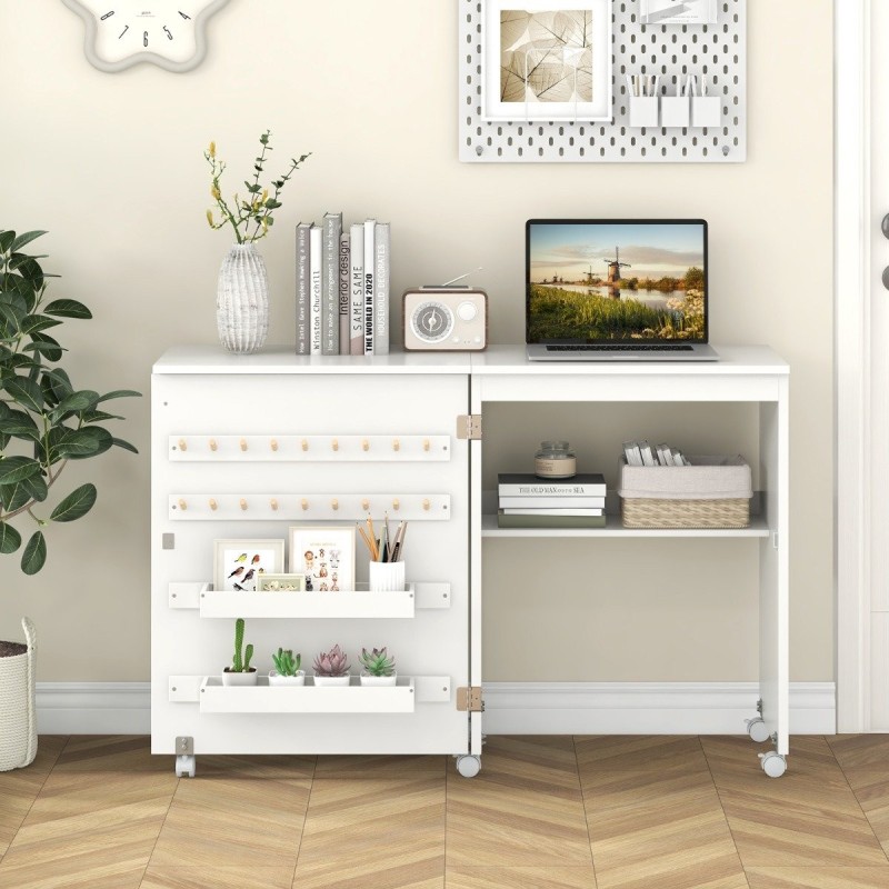 Taittuva ompelupöytä säilytyshyllyllä ja 5 lukittavalla pyörällä