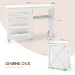 Taittuva ompelupöytä säilytyshyllyllä ja 5 lukittavalla pyörällä