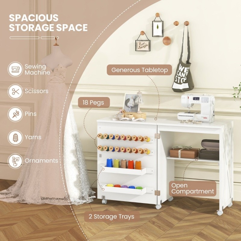 Taittuva ompelupöytä säilytyshyllyllä ja 5 lukittavalla pyörällä