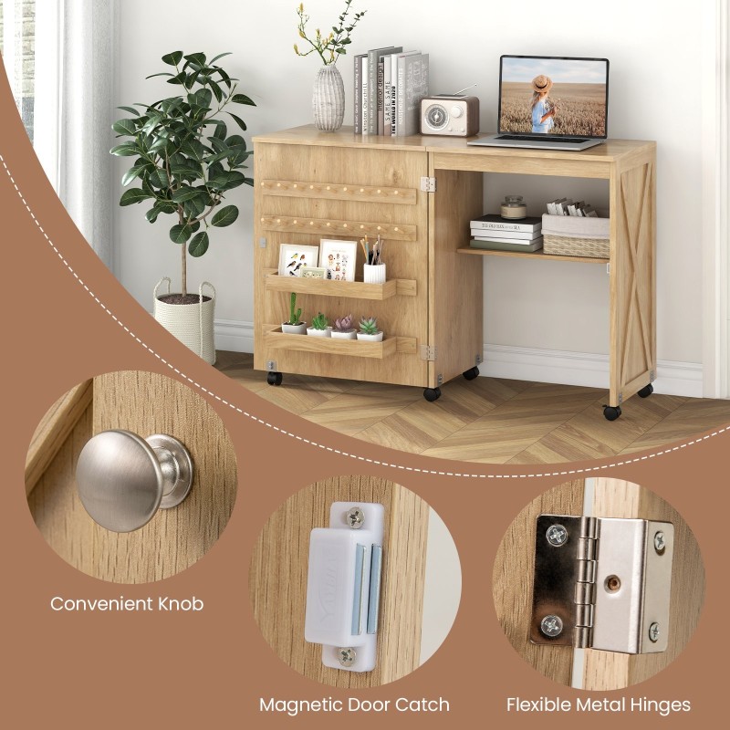 Taittuva ompelupöytä säilytyksellä ja lukittavilla pyörillä - luonnonväri